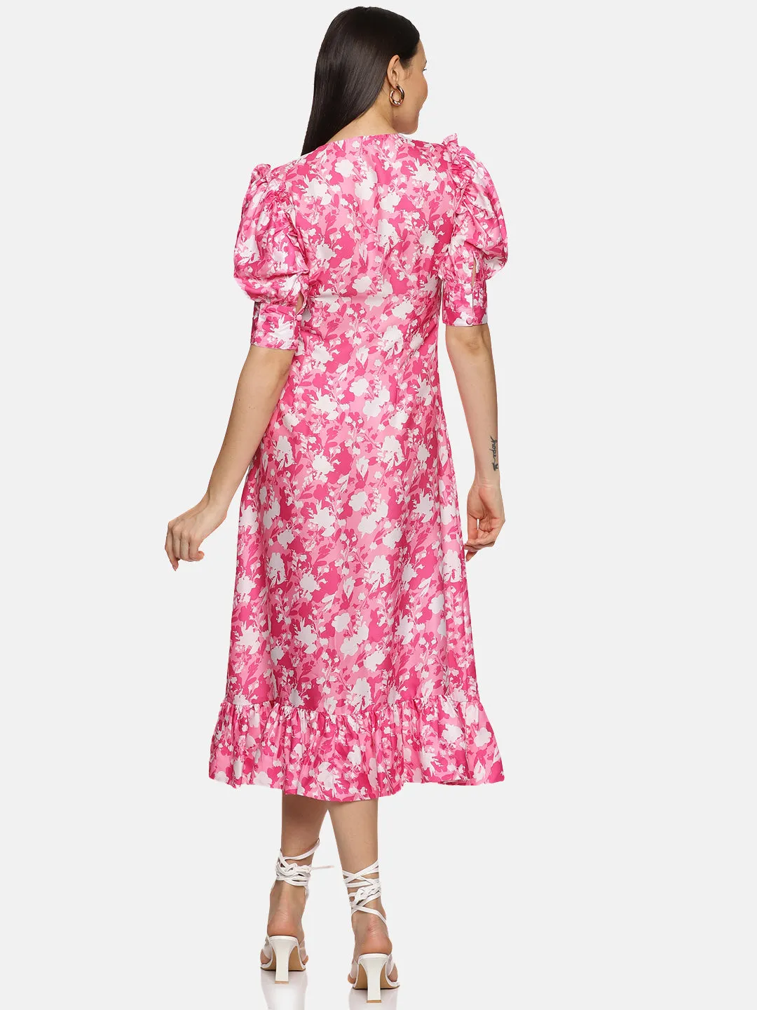 IS.U Floral Pink Button Down Satin Dress