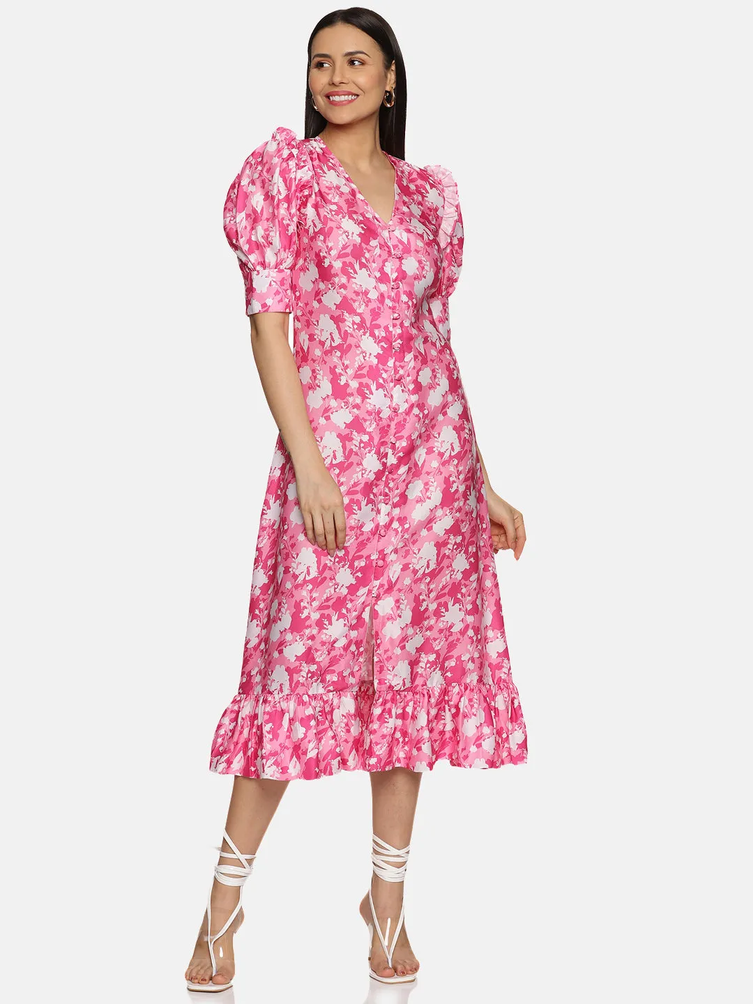 IS.U Floral Pink Button Down Satin Dress