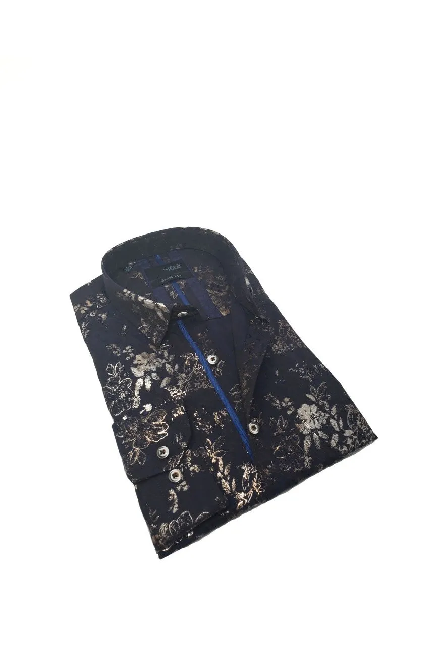 Jacquard Gold Floral Foil Button Down Shirt