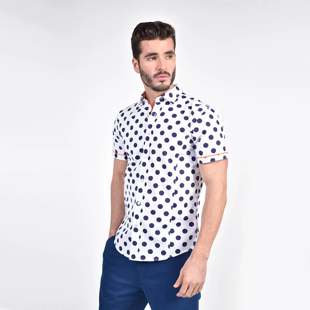 Jet Blue Polka Dot Short Sleeve Shirt with Orange Trim