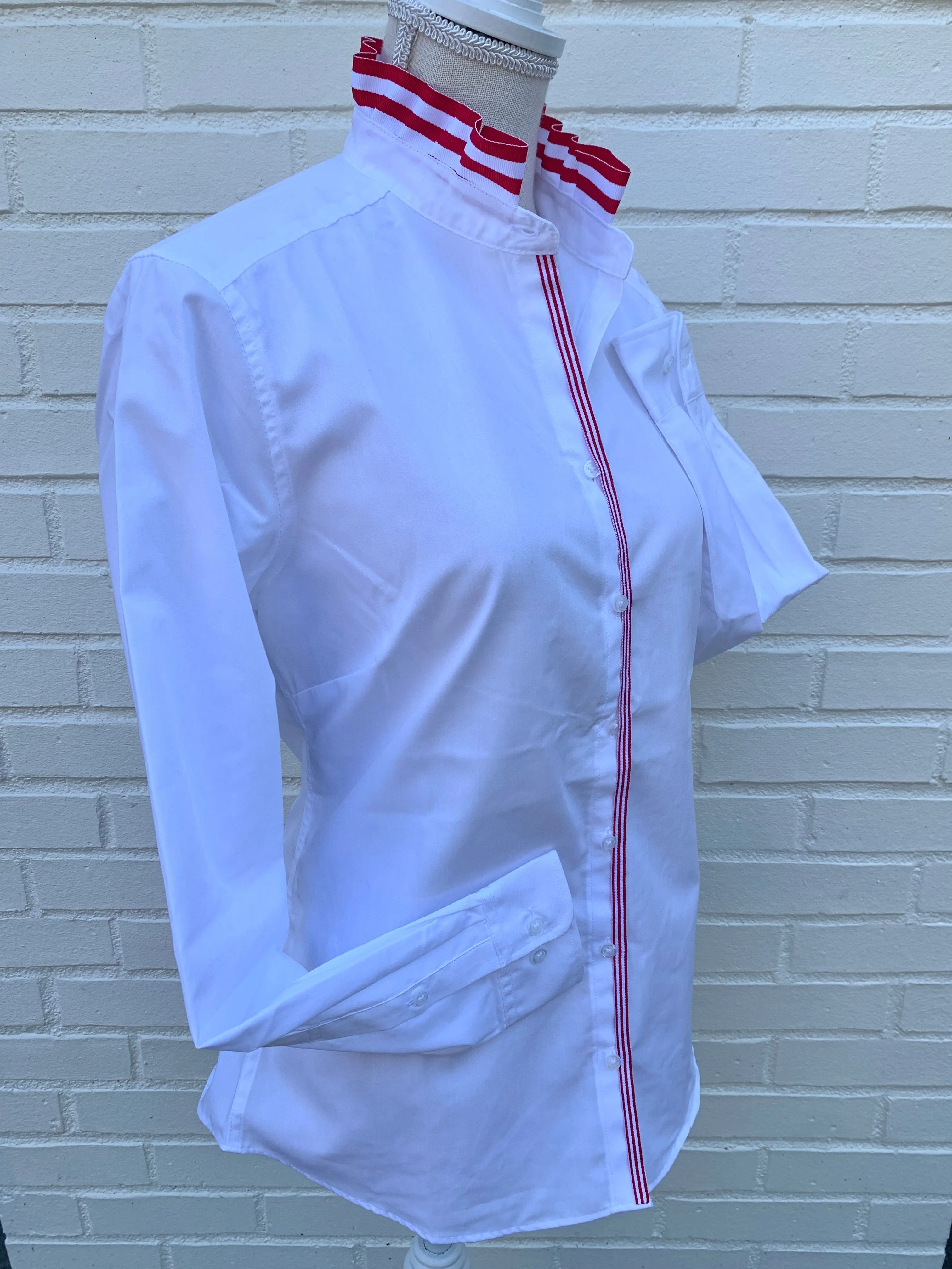 Kate Ruffled Ribbon Collar - White w Red & White Stripe Ribbon (KT04)