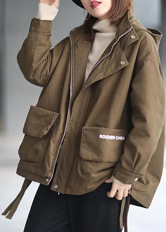 Khaki Hooded Zippered Winter Cotton Long sleeve Coat