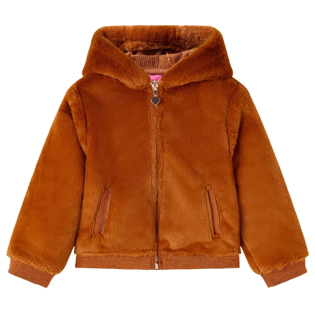 Kids' Hooded Faux Fur Jacket in Cognac - Size 140 (9-10 Years) | Warm & Comfortable Children's Outerwear