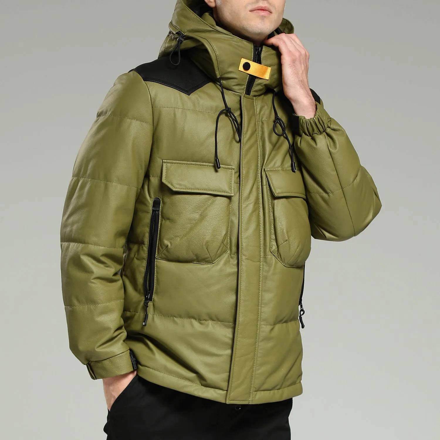 Leather Down Jacket - Luxurious warm green hooded leather down jacket