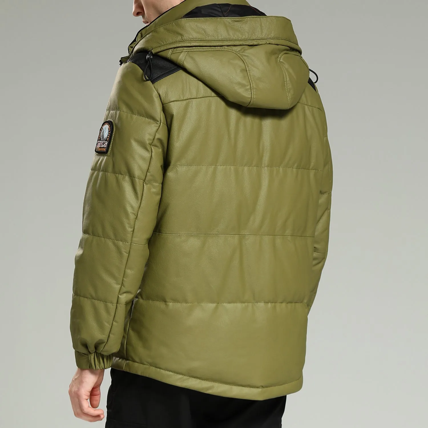 Leather Down Jacket - Luxurious warm green hooded leather down jacket