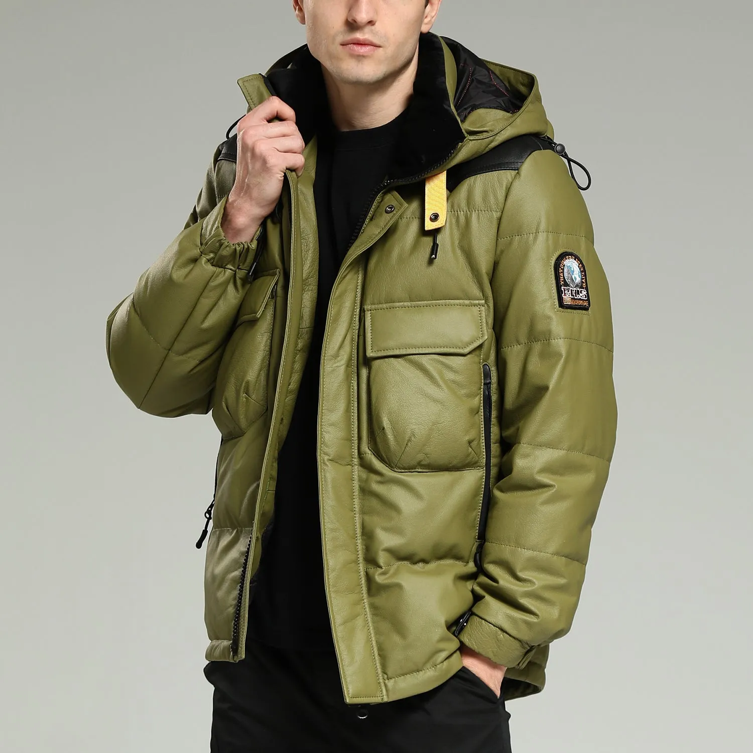 Leather Down Jacket - Luxurious warm green hooded leather down jacket