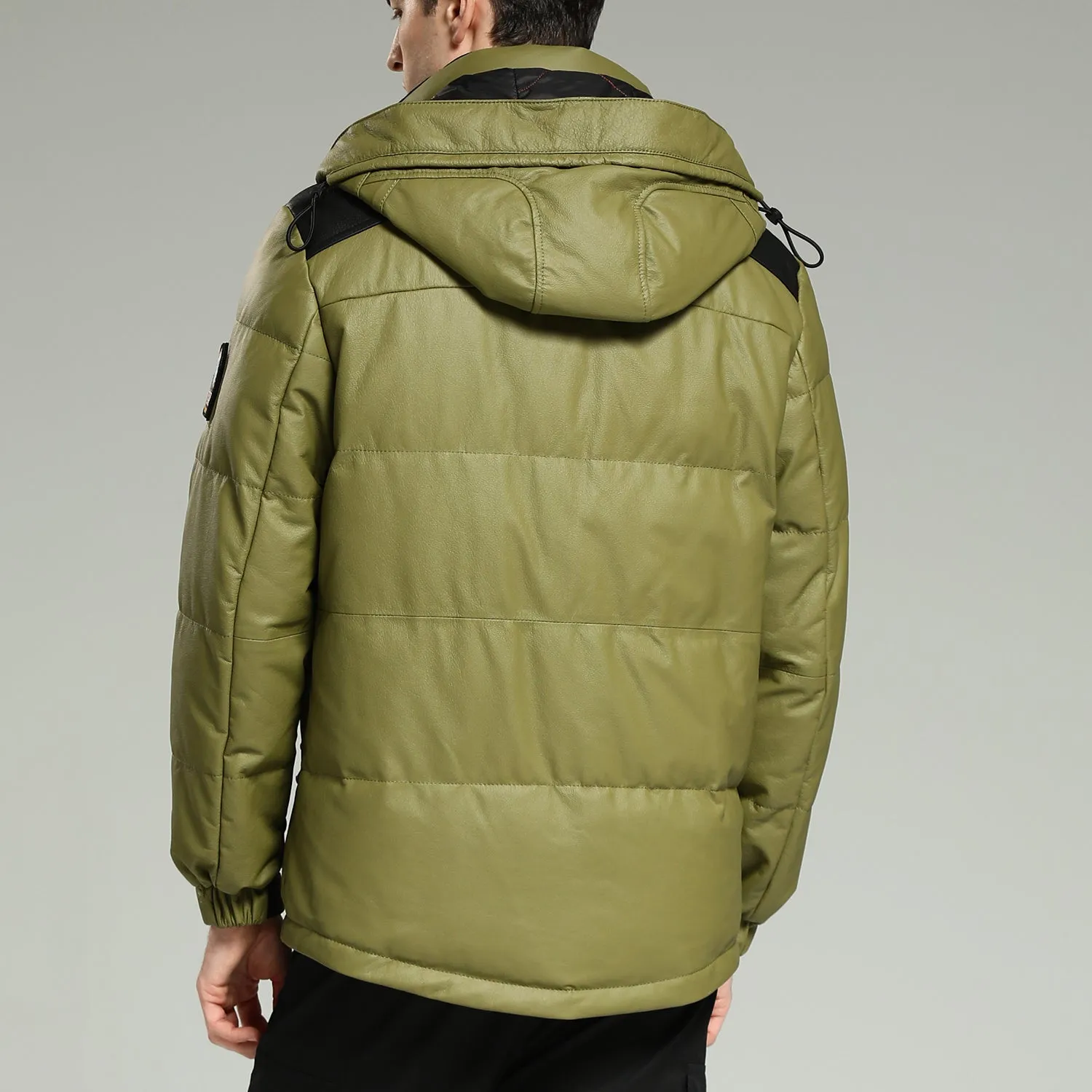 Leather Down Jacket - Luxurious warm green hooded leather down jacket