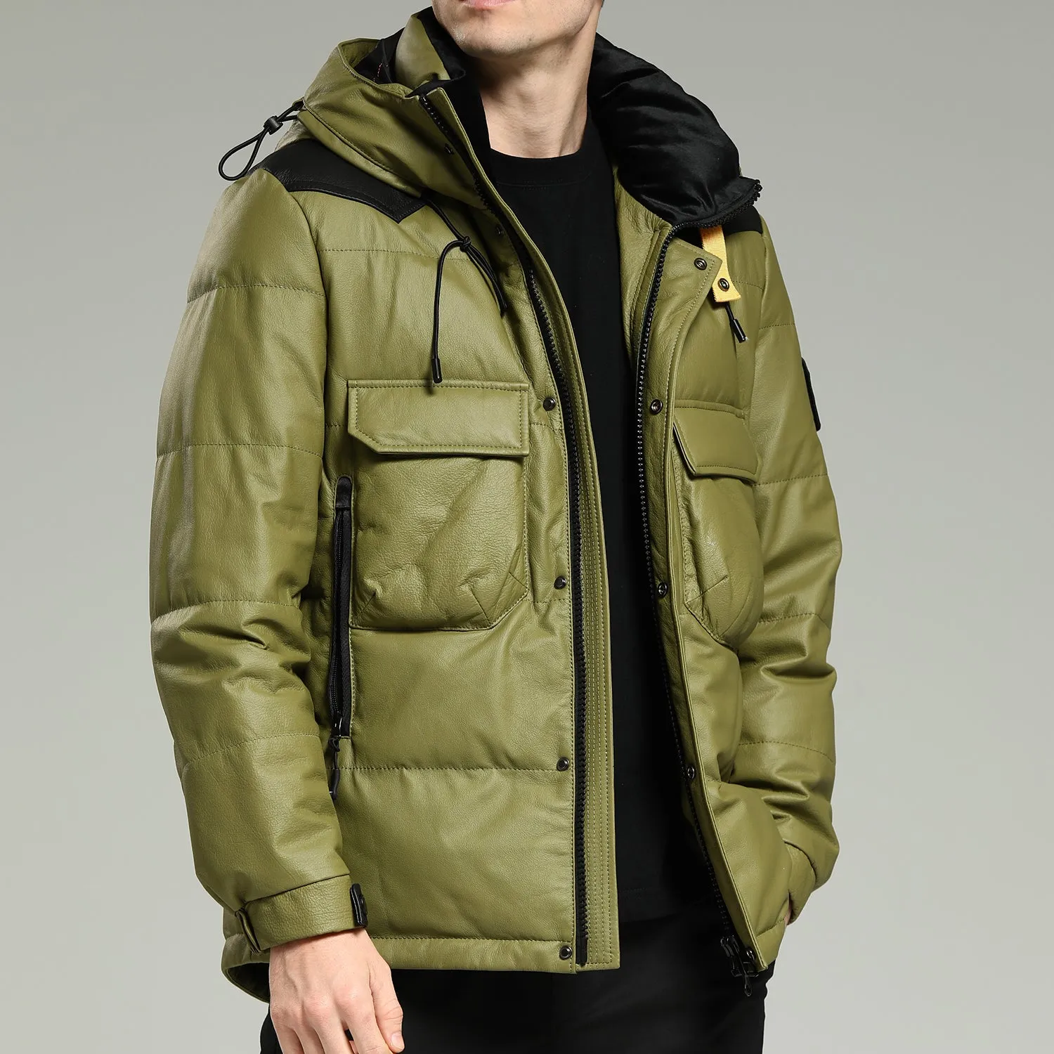 Leather Down Jacket - Luxurious warm green hooded leather down jacket