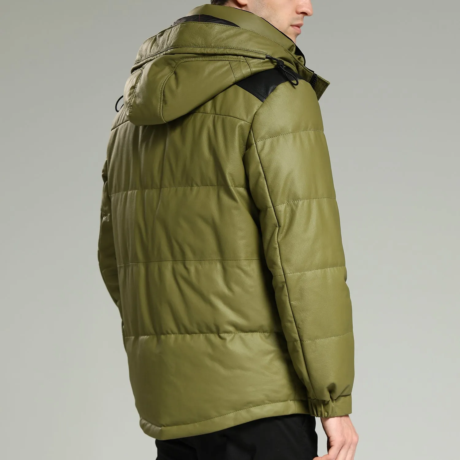 Leather Down Jacket - Luxurious warm green hooded leather down jacket