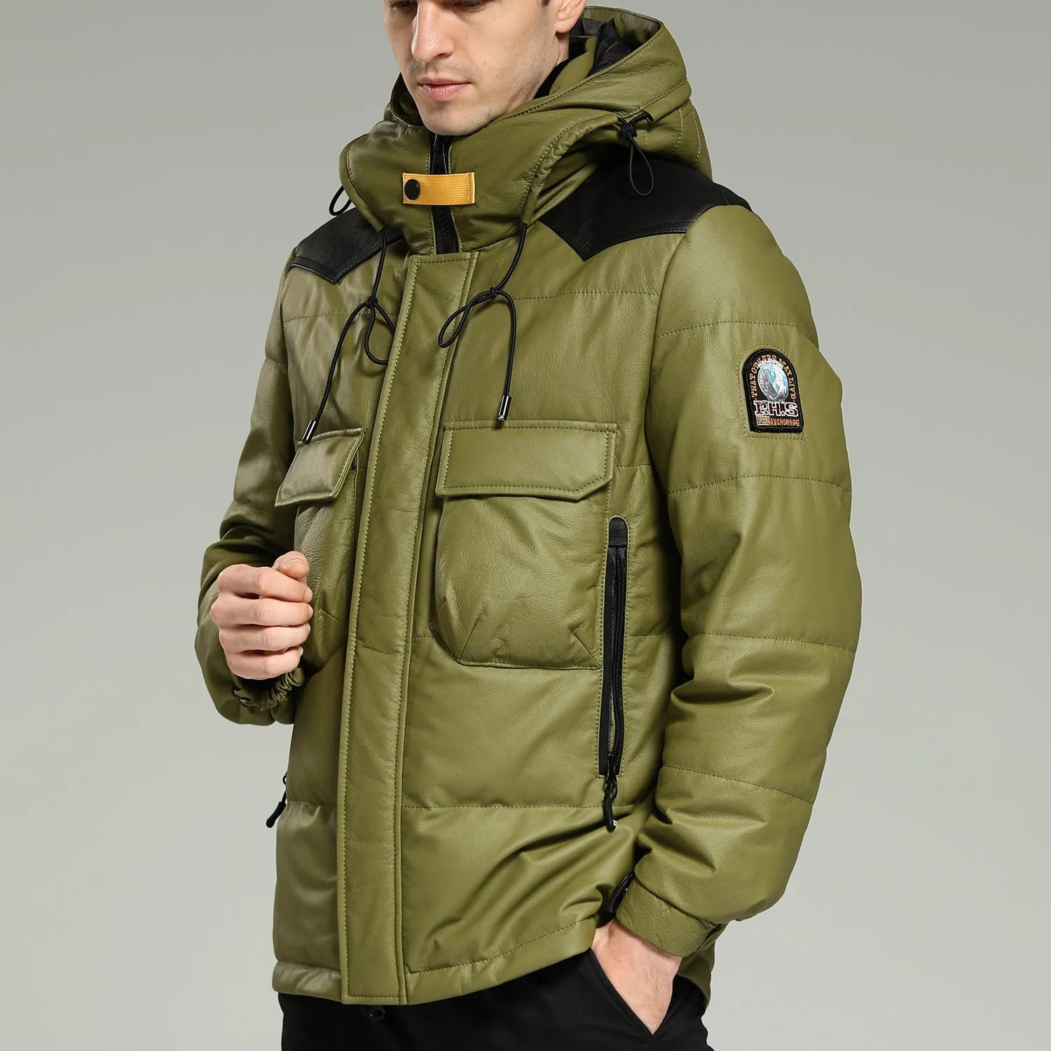 Leather Down Jacket - Luxurious warm green hooded leather down jacket