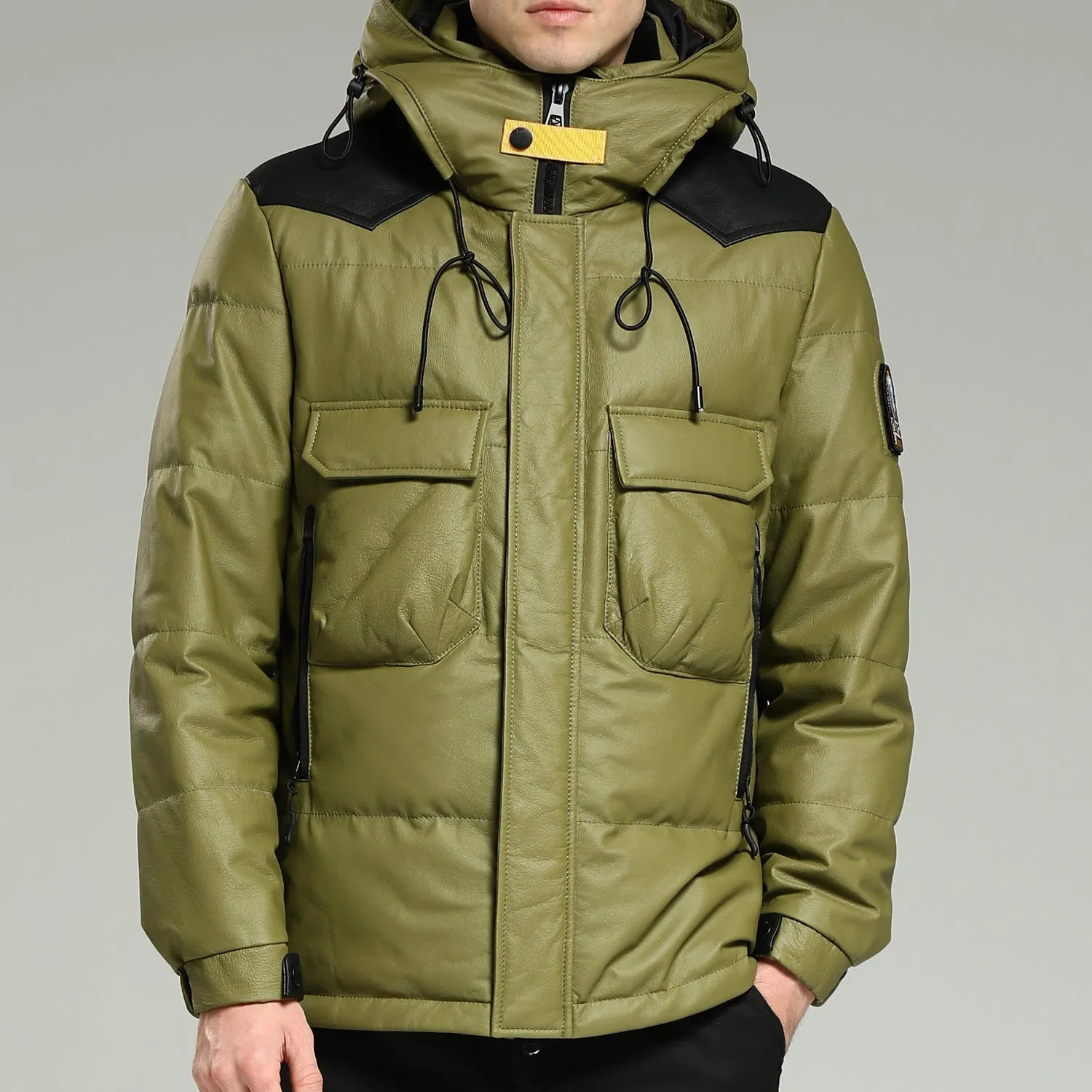 Leather Down Jacket - Luxurious warm green hooded leather down jacket