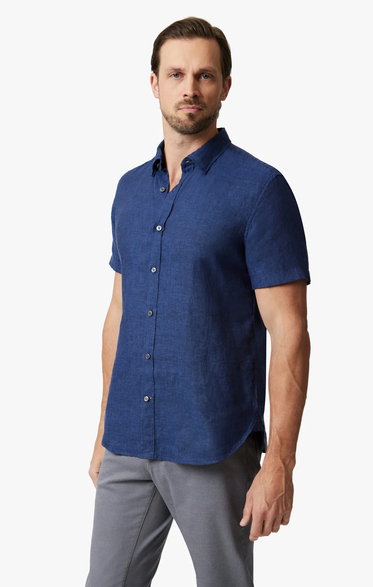 Linen Short Sleeve Shirt In Indigo