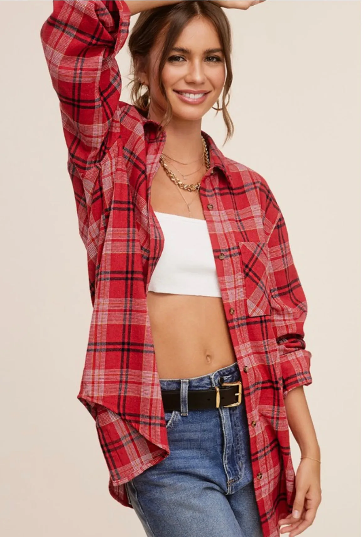 Lola Super Soft Boyfriend Plaid Shirt: Red