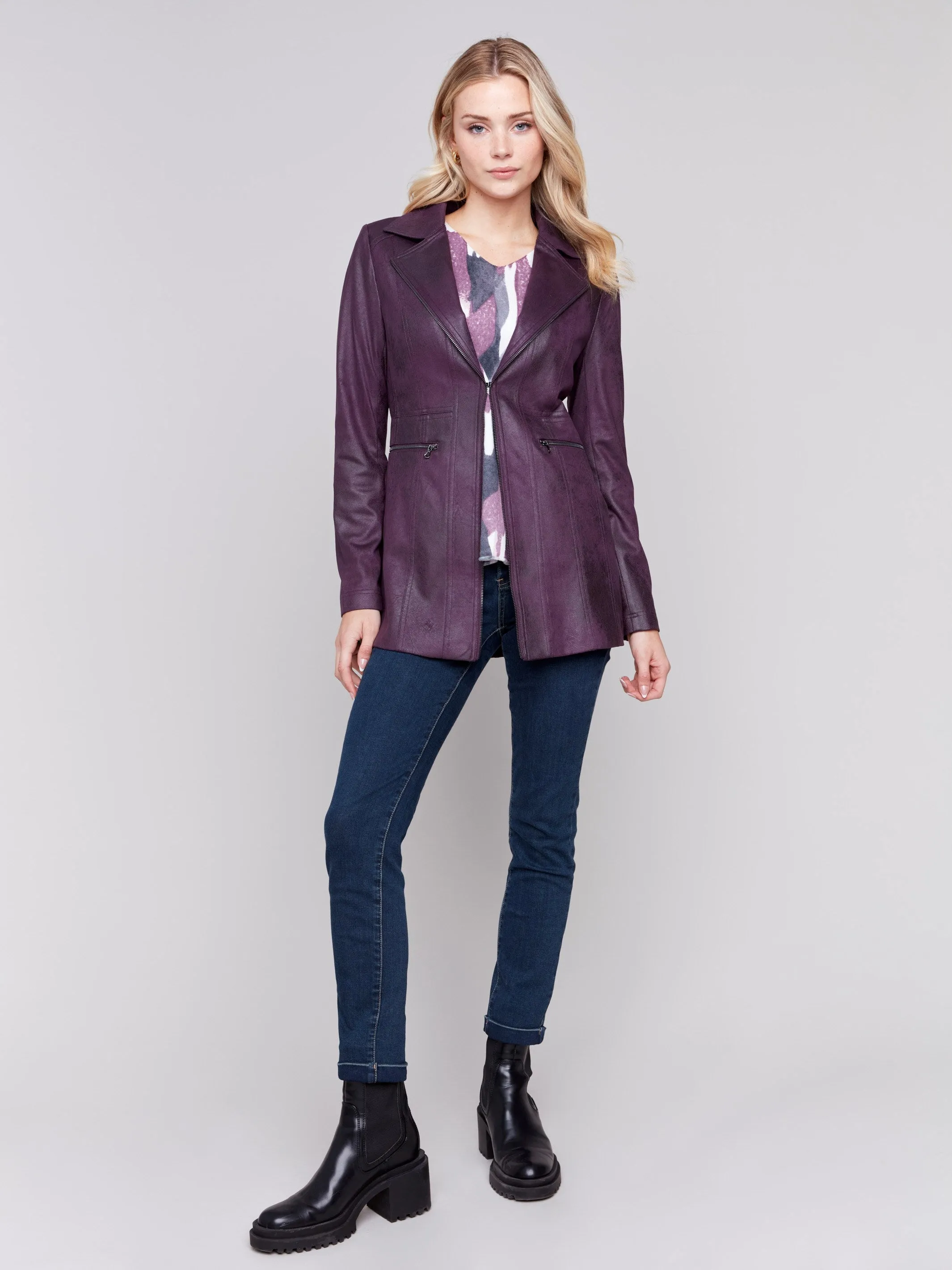 Long Vintage Faux Suede Jacket - Plum