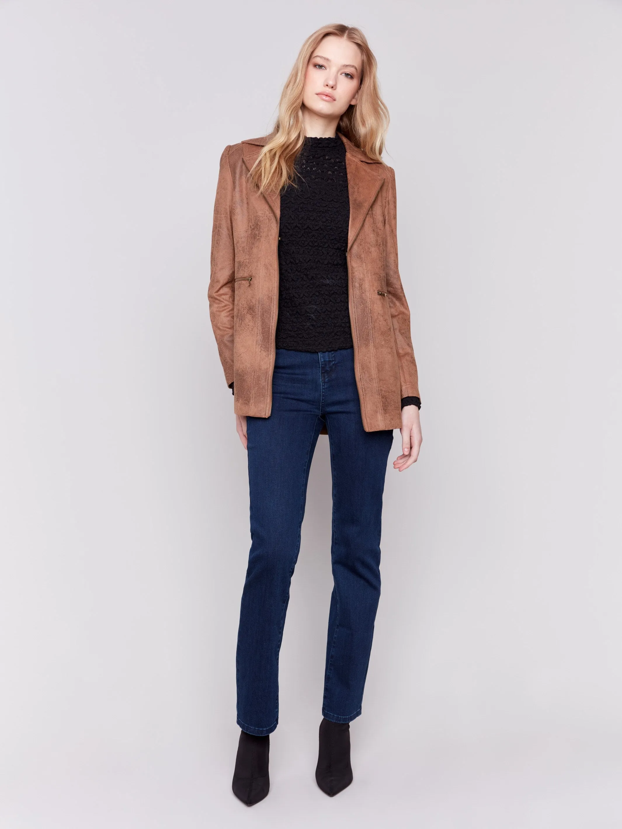 Long Vintage Faux Suede Jacket - Truffle