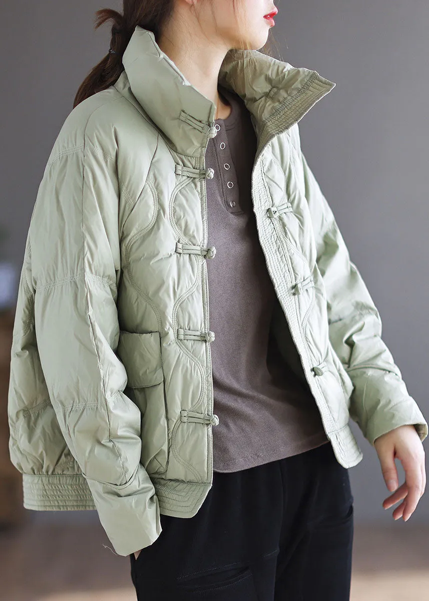 Loose Light Green Button Winter Down Jackets