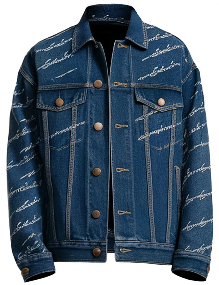 Men's Blue Denim Jacket With White Script Embroidery