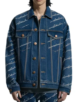 Men's Blue Denim Jacket With White Script Embroidery