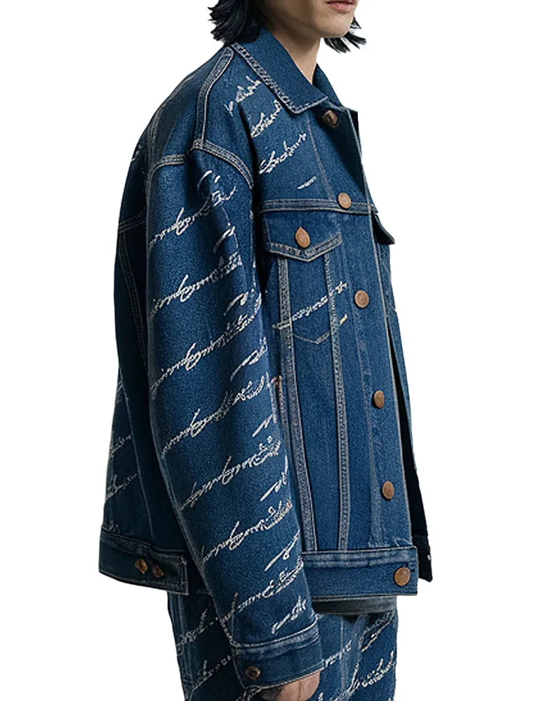 Men's Blue Denim Jacket With White Script Embroidery