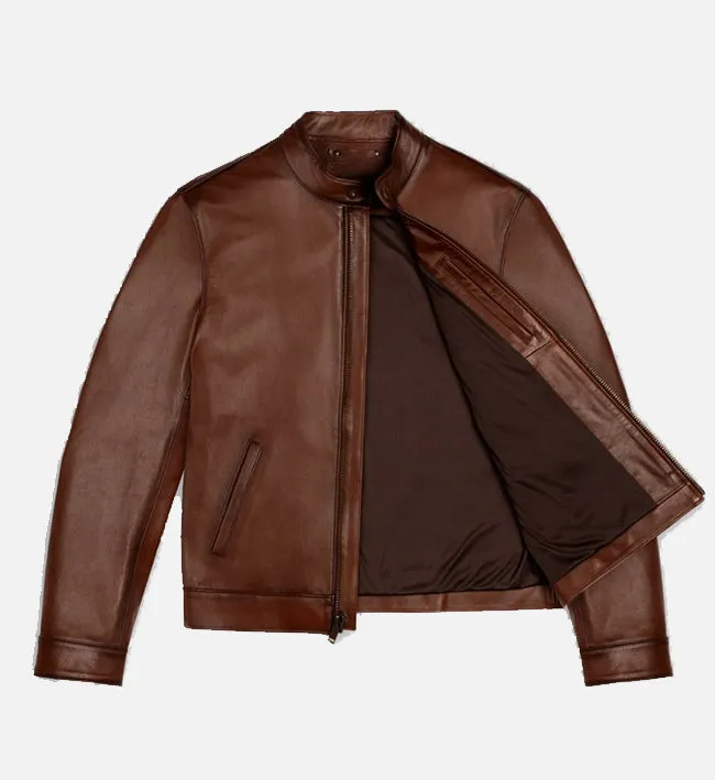 Men's Brandy Cafe Racer Leather Jacket