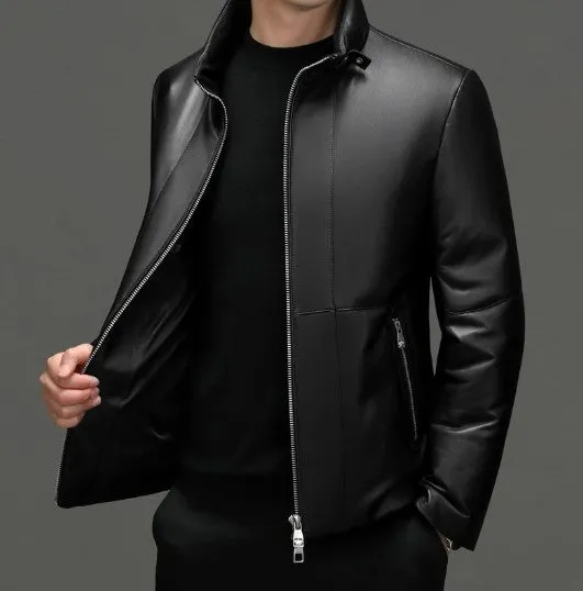 Men's Fashion Leather Jacket Stand Collar Down Jacket Sheep Skin Coat