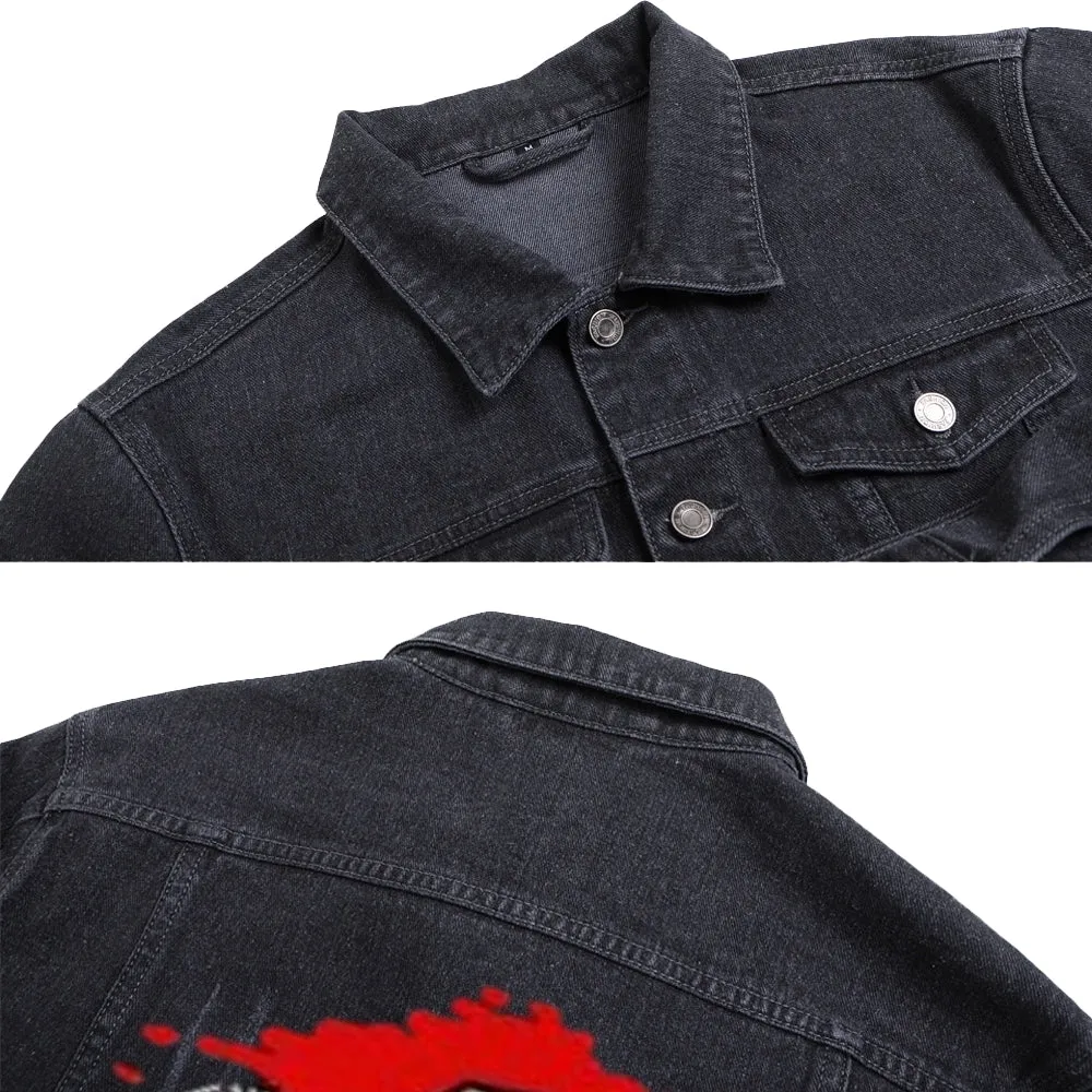 Mens Hustle Skull Graphic Button Up Denim Jacket