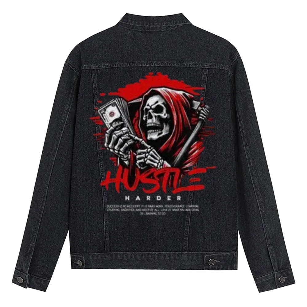 Mens Hustle Skull Graphic Button Up Denim Jacket