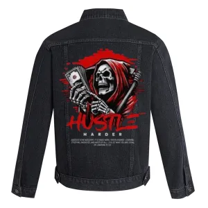 Mens Hustle Skull Graphic Button Up Denim Jacket