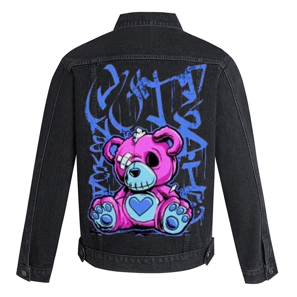 Mens Injured Bear Graphic Button Up Denim Jacket