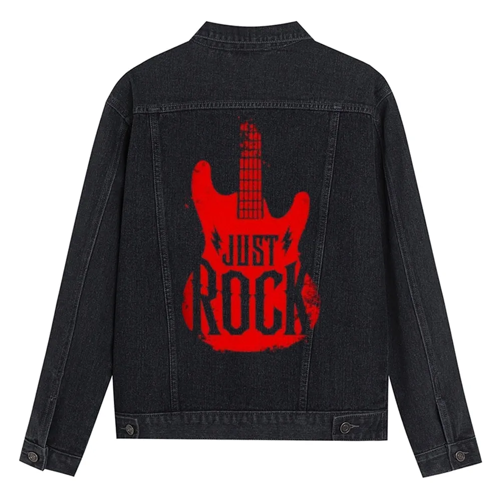 Mens JUST ROCK Guitar Graphic Button Up Denim Jacket