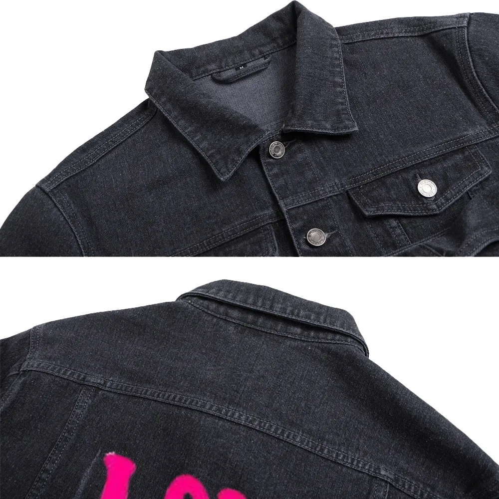 Mens LOVE NEVER FAILS Letter Graphic Button Up Denim Jacket