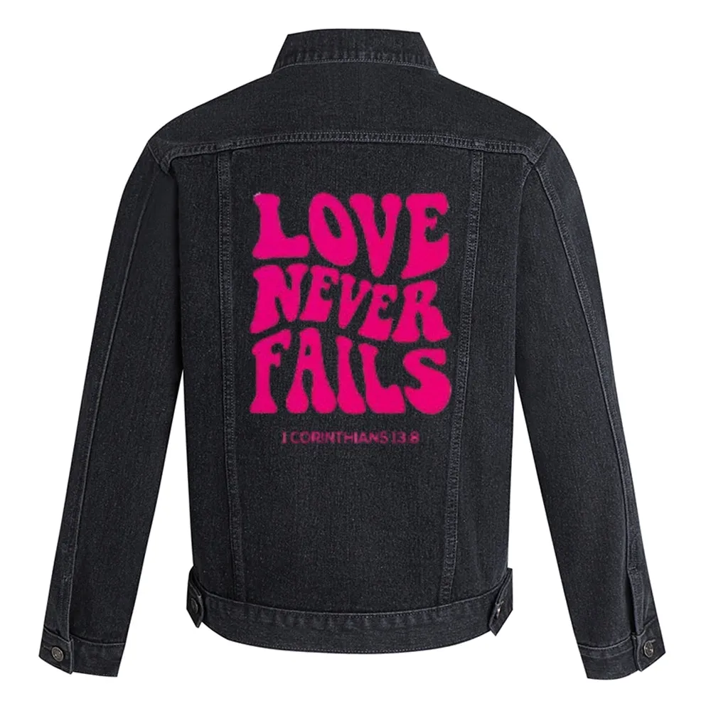 Mens LOVE NEVER FAILS Letter Graphic Button Up Denim Jacket