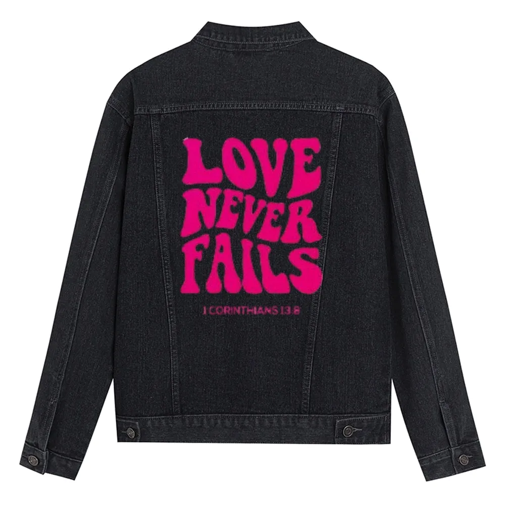 Mens LOVE NEVER FAILS Letter Graphic Button Up Denim Jacket