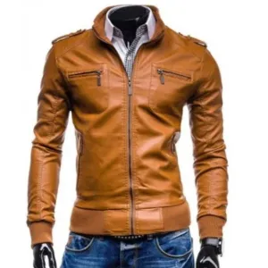 Men’s New Fashion Casual Slim Fit Tan Brown Leather Jacket Outfit