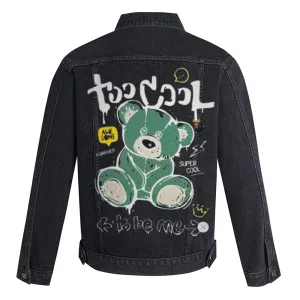 Mens Super Cool Bear Graphic Button Up Denim Jacket