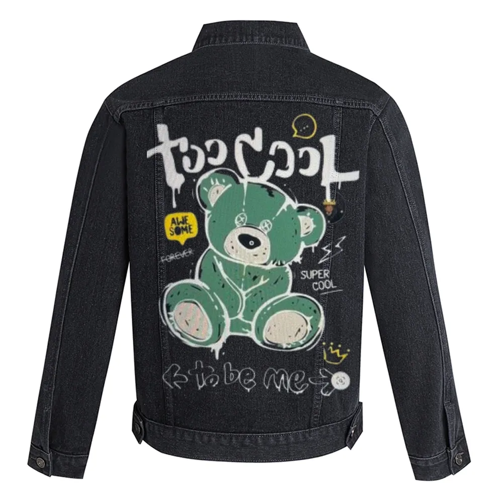 Mens Super Cool Bear Graphic Button Up Denim Jacket