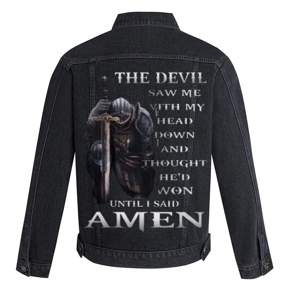 Mens THE EVIL SAW ME WITH MY HEAD DOWN Vintage Graphic Denim Jacket