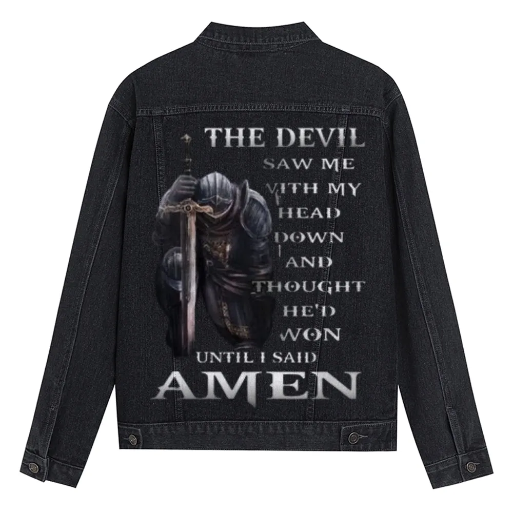 Mens THE EVIL SAW ME WITH MY HEAD DOWN Vintage Graphic Denim Jacket