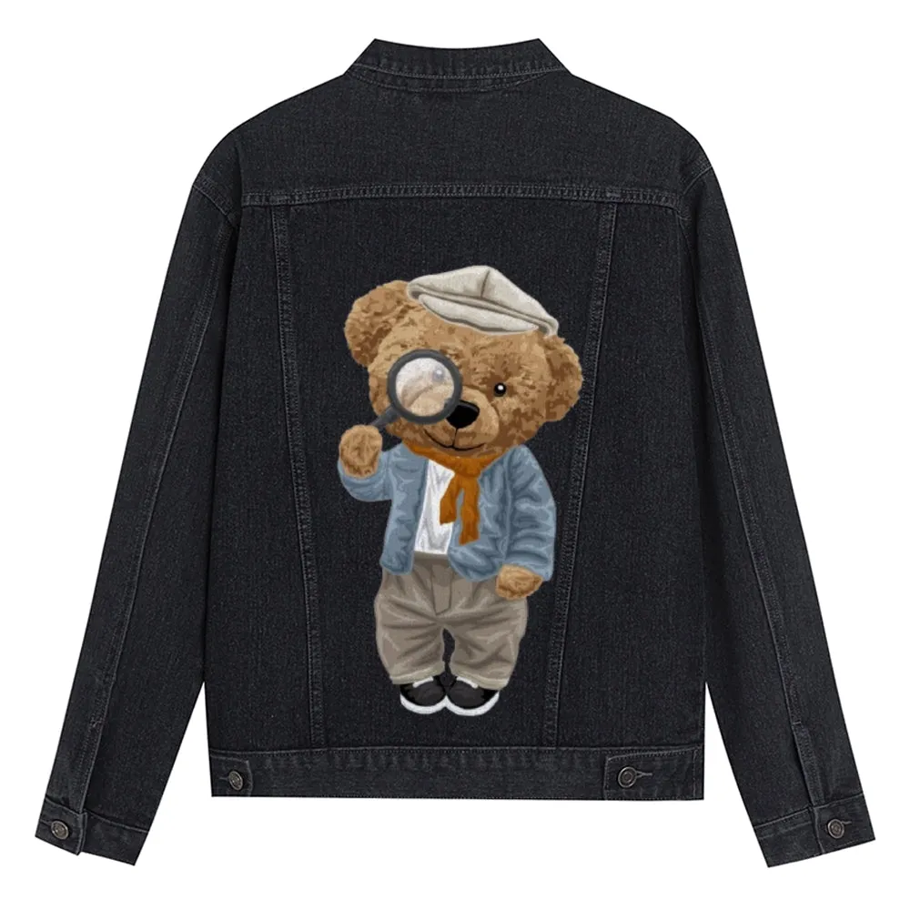 Mens Vintage Cartoon Cute Bear Prints Detective Denim Jacket