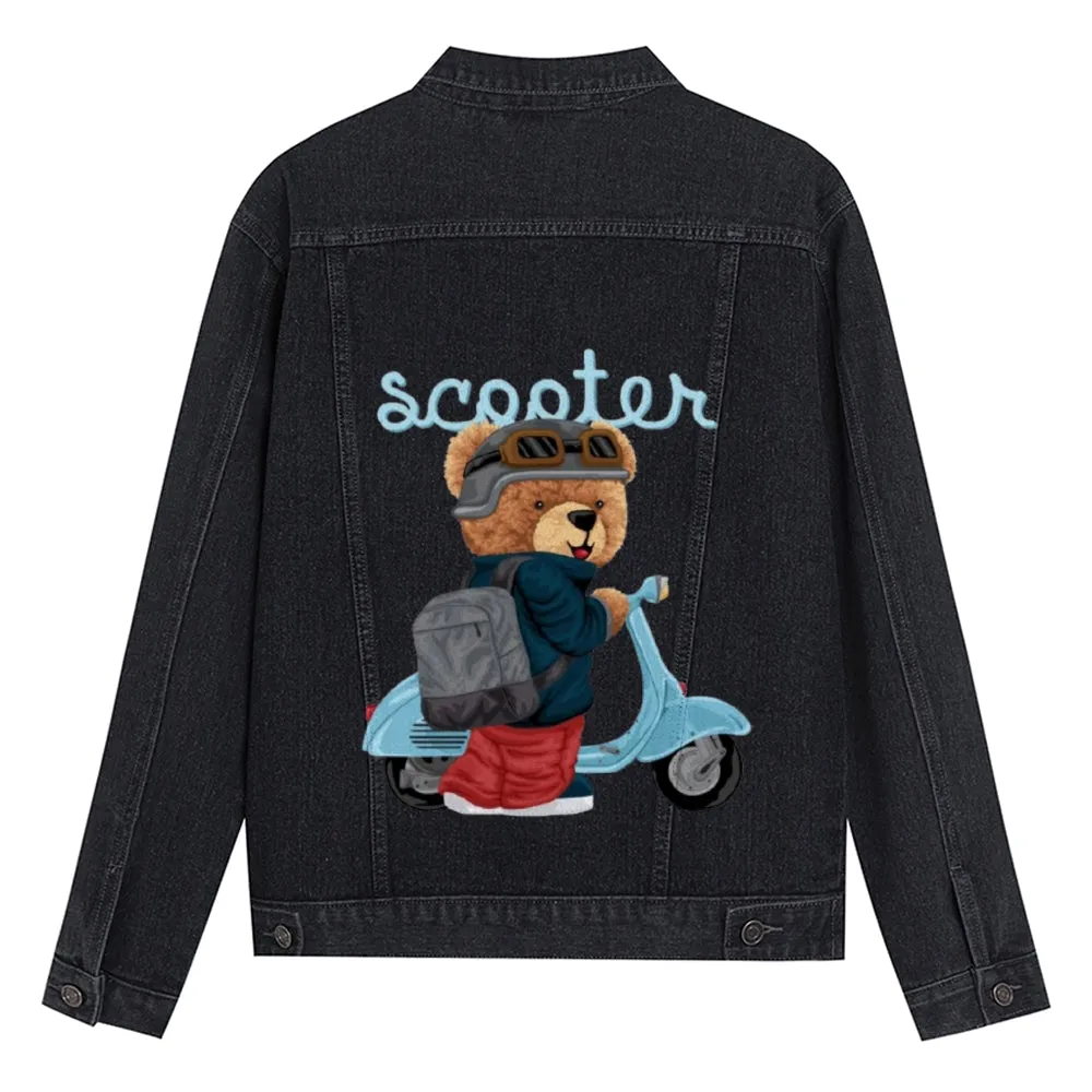 Mens Vintage Cartoon Cute Bear Scooter Prints Denim Jacket