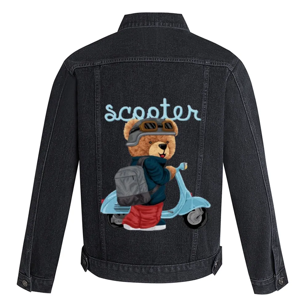 Mens Vintage Cartoon Cute Bear Scooter Prints Denim Jacket