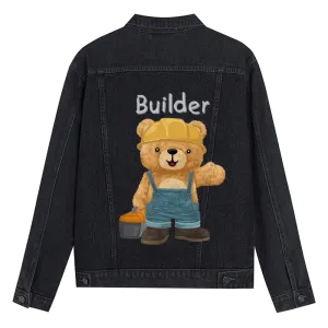 Mens Vintage Cartoon Cute Builder Bear Prints Denim Jacket