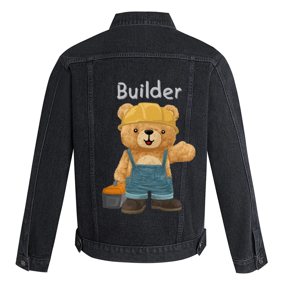 Mens Vintage Cartoon Cute Builder Bear Prints Denim Jacket