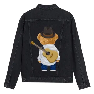 Mens Vintage Cartoon Cute Guitar Bear Prints Denim Jacket