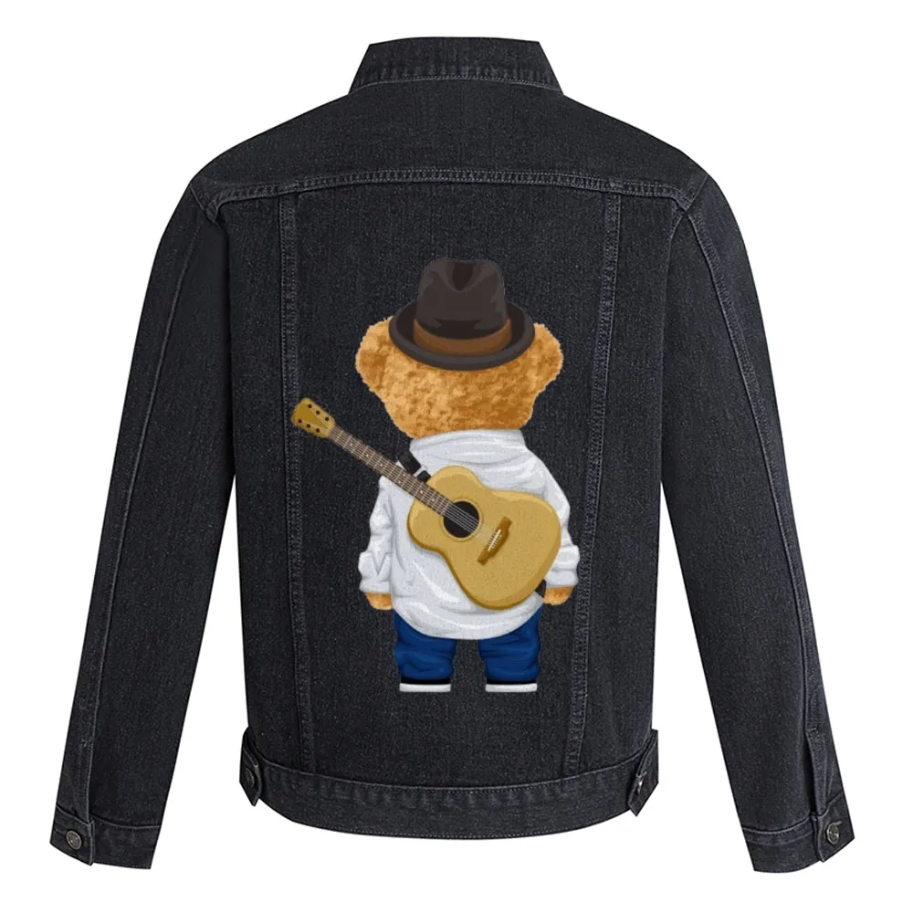 Mens Vintage Cartoon Cute Guitar Bear Prints Denim Jacket