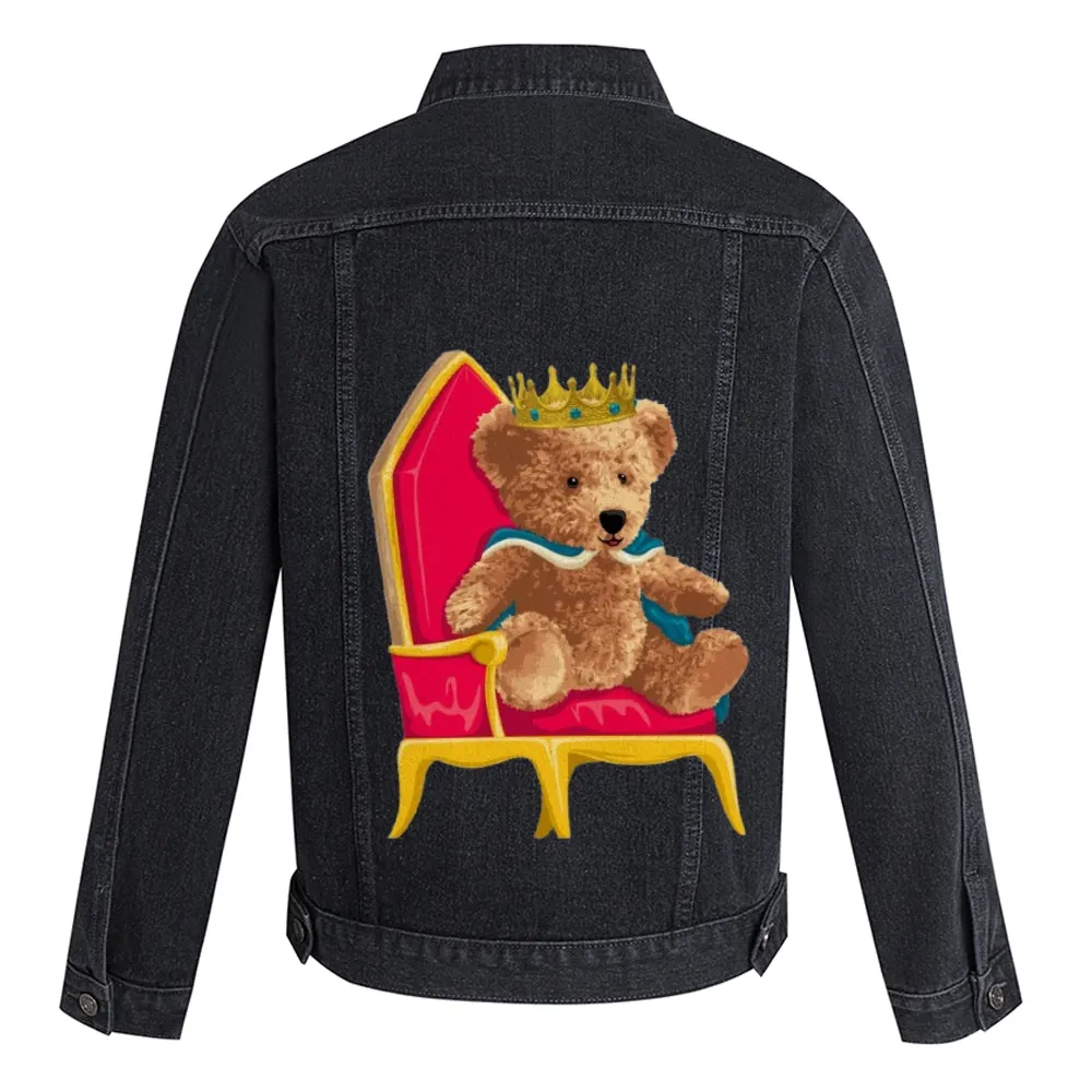 Mens Vintage Cartoon Cute King Bear Prints Denim Jacket