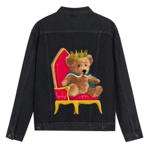 Mens Vintage Cartoon Cute King Bear Prints Denim Jacket