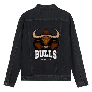 Mens Vintage Cartoon Prints BULLS SPORT TEAM Denim Jacket