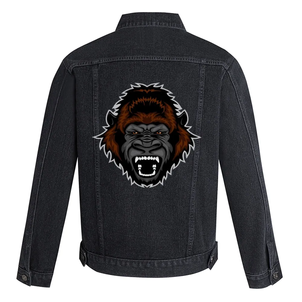 Mens Vintage Cartoon Prints Chimpanzee Head Denim Jacket