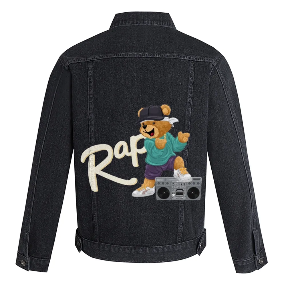 Mens Vintage Cartoon Prints Cute Bear Rap Denim Jacket